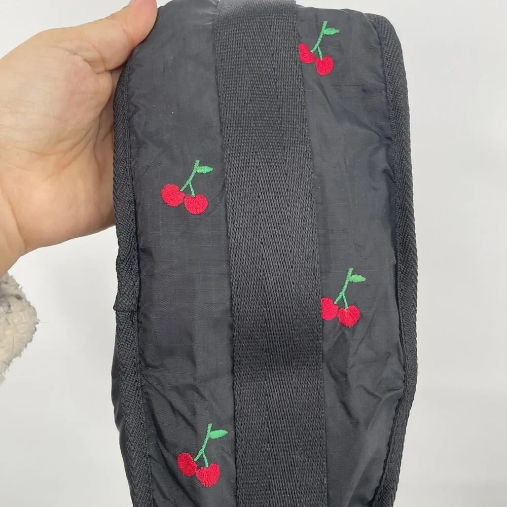 LeSportsac HTF Red Cherries Embroidered Shoulder Bag Purse Clean Black - Picture 6 of 10